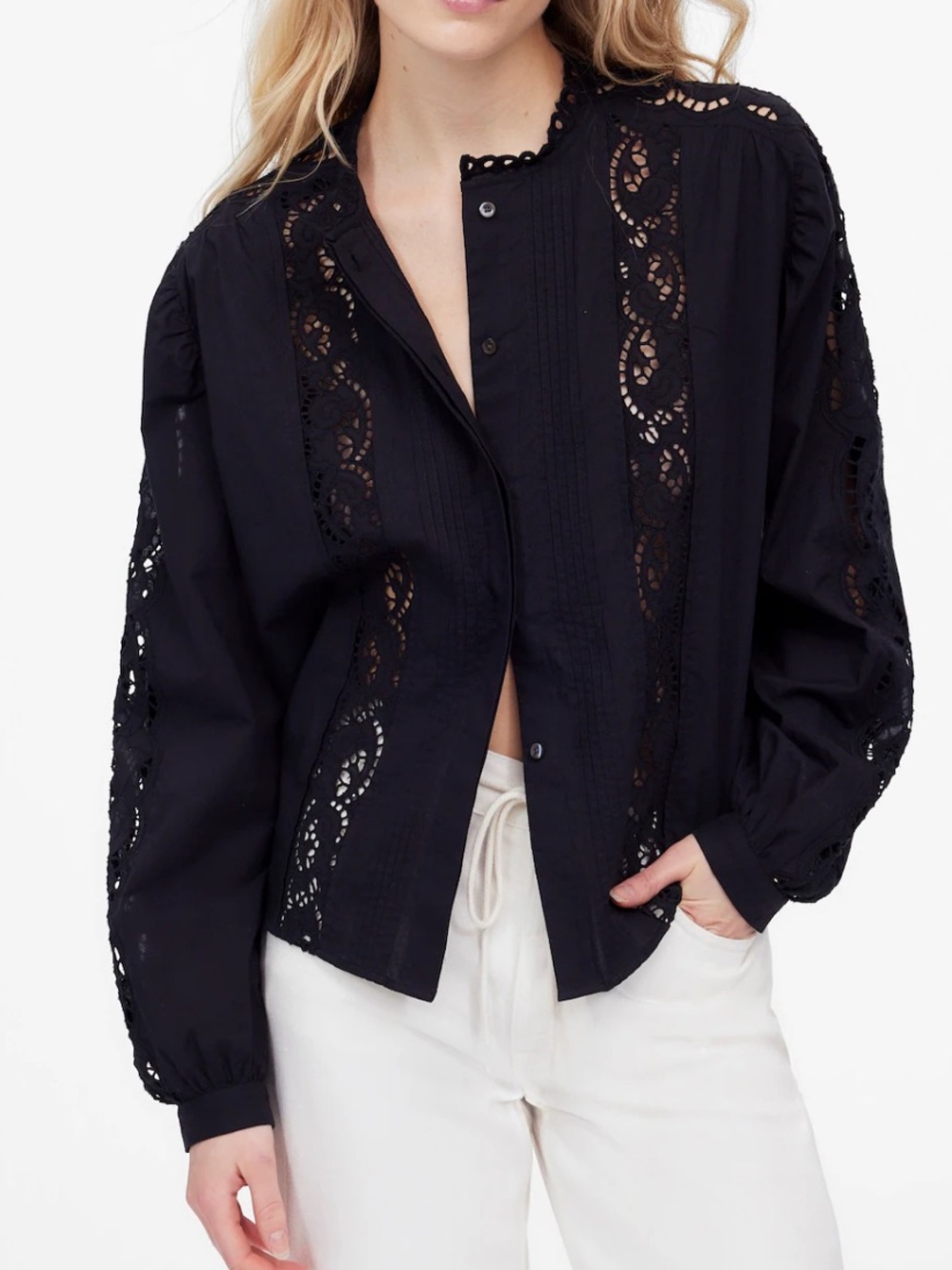 Madewell Women’s XS Black Lace-Inset Pintucked Button-Up Top 100% Cotton NWOT
